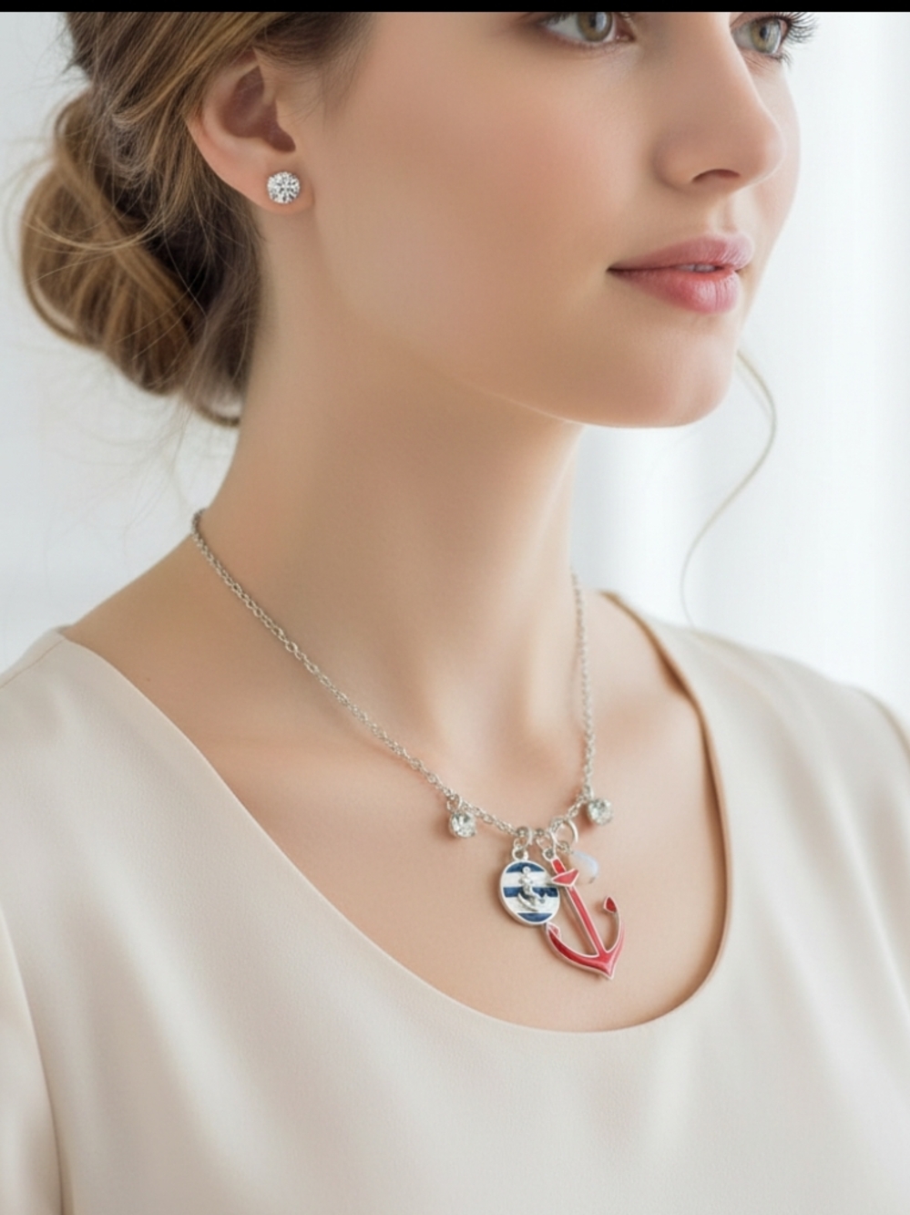necklace and earring jewelry Avon Silver  with Pink Anchor and Blue Stripe Charm